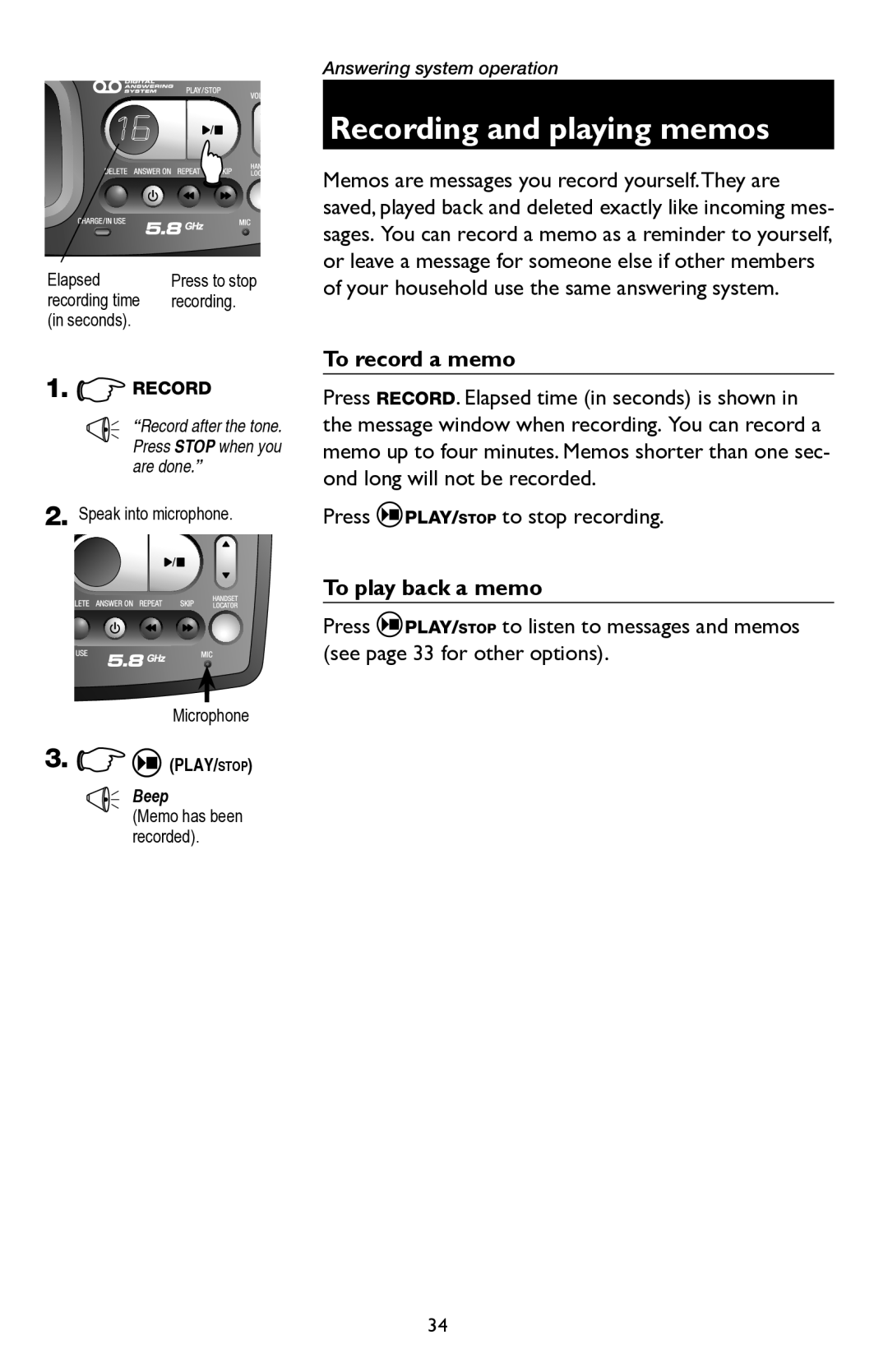 AT&T E5945B user manual Recording and playing memos, To record a memo, To play back a memo 