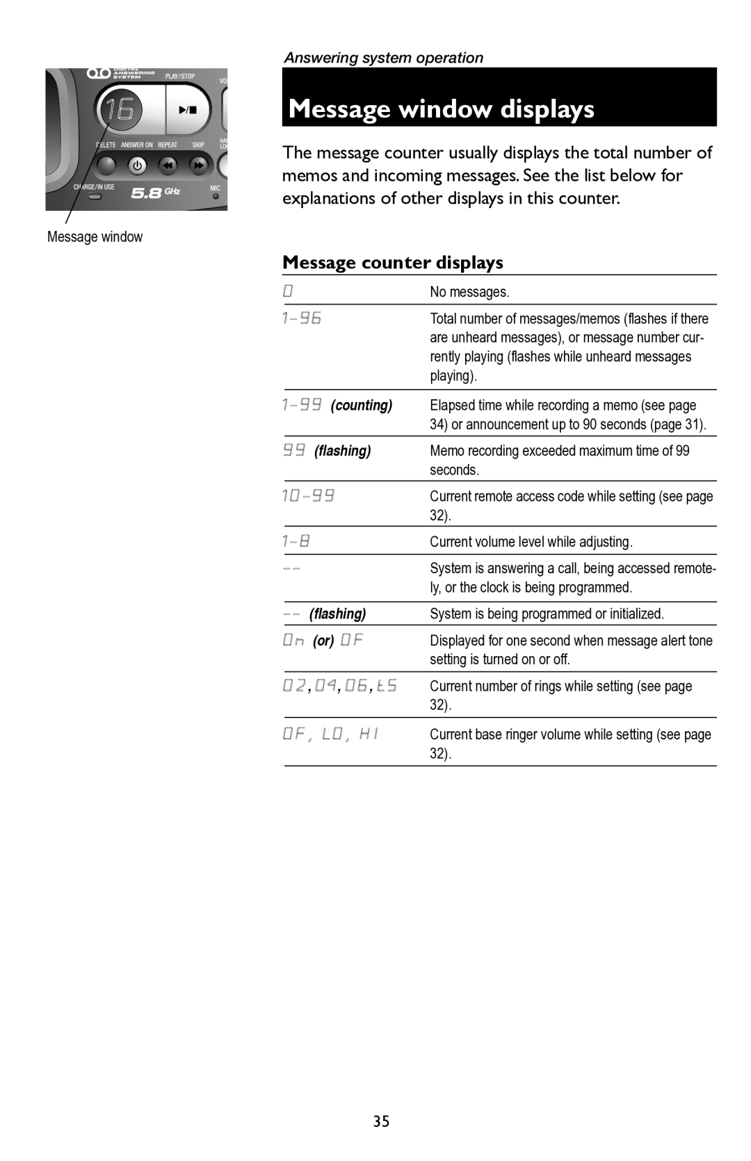 AT&T E5945B user manual Message window displays, Message counter displays 