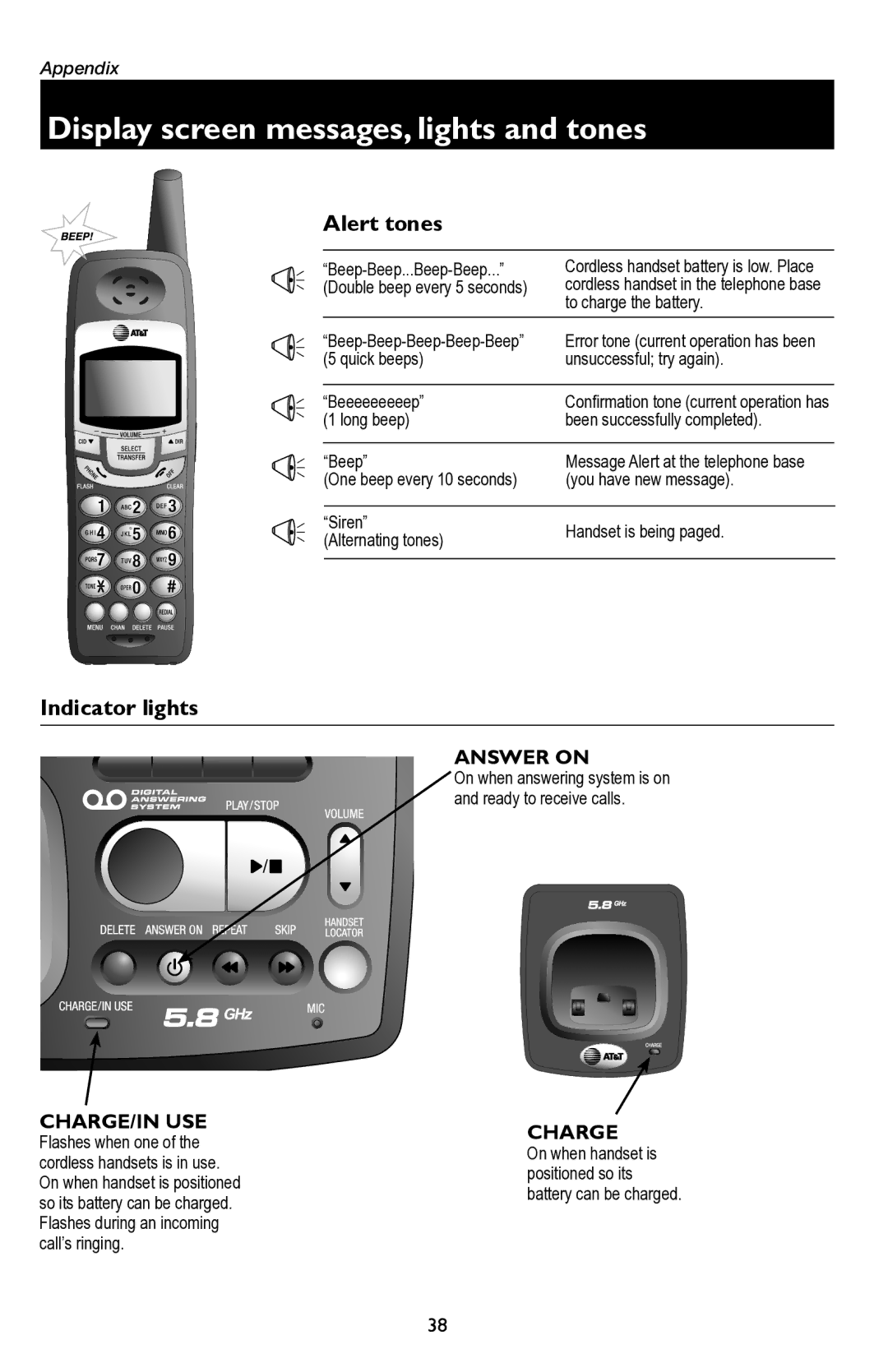 AT&T E5945B user manual Alert tones, Indicator lights 