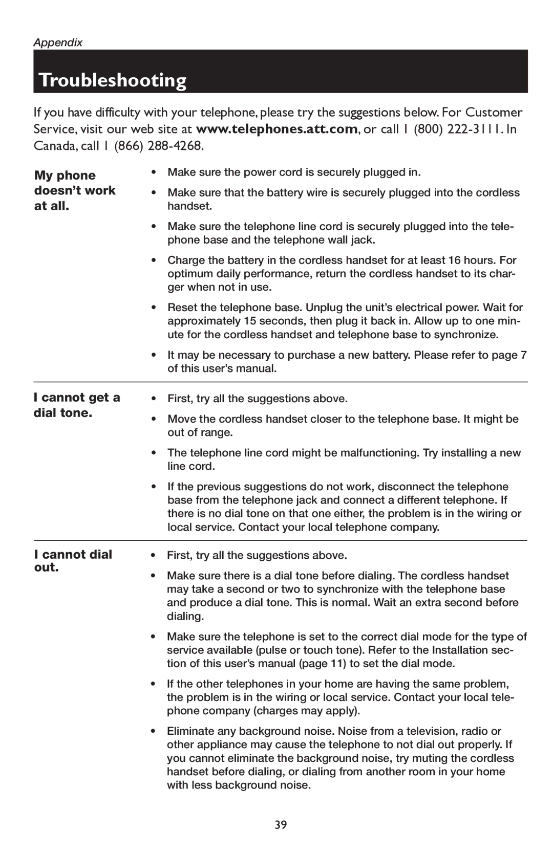 AT&T E5945B user manual Troubleshooting, My phone doesn’t work at all 