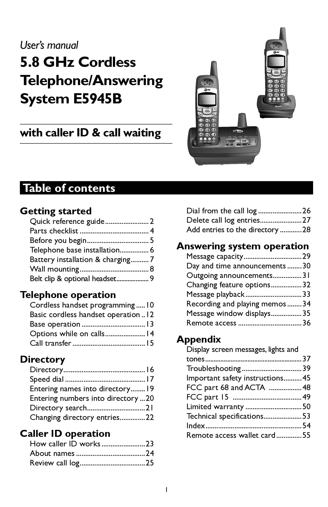 AT&T user manual GHz Cordless Telephone/Answering System E5945B, Table of contents 