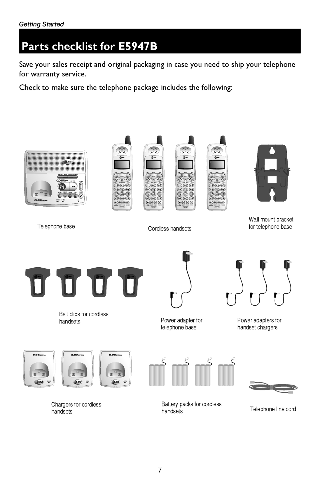 AT&T E5937B, E5927B, E5926, E1937B user manual Parts checklist for E5947B 