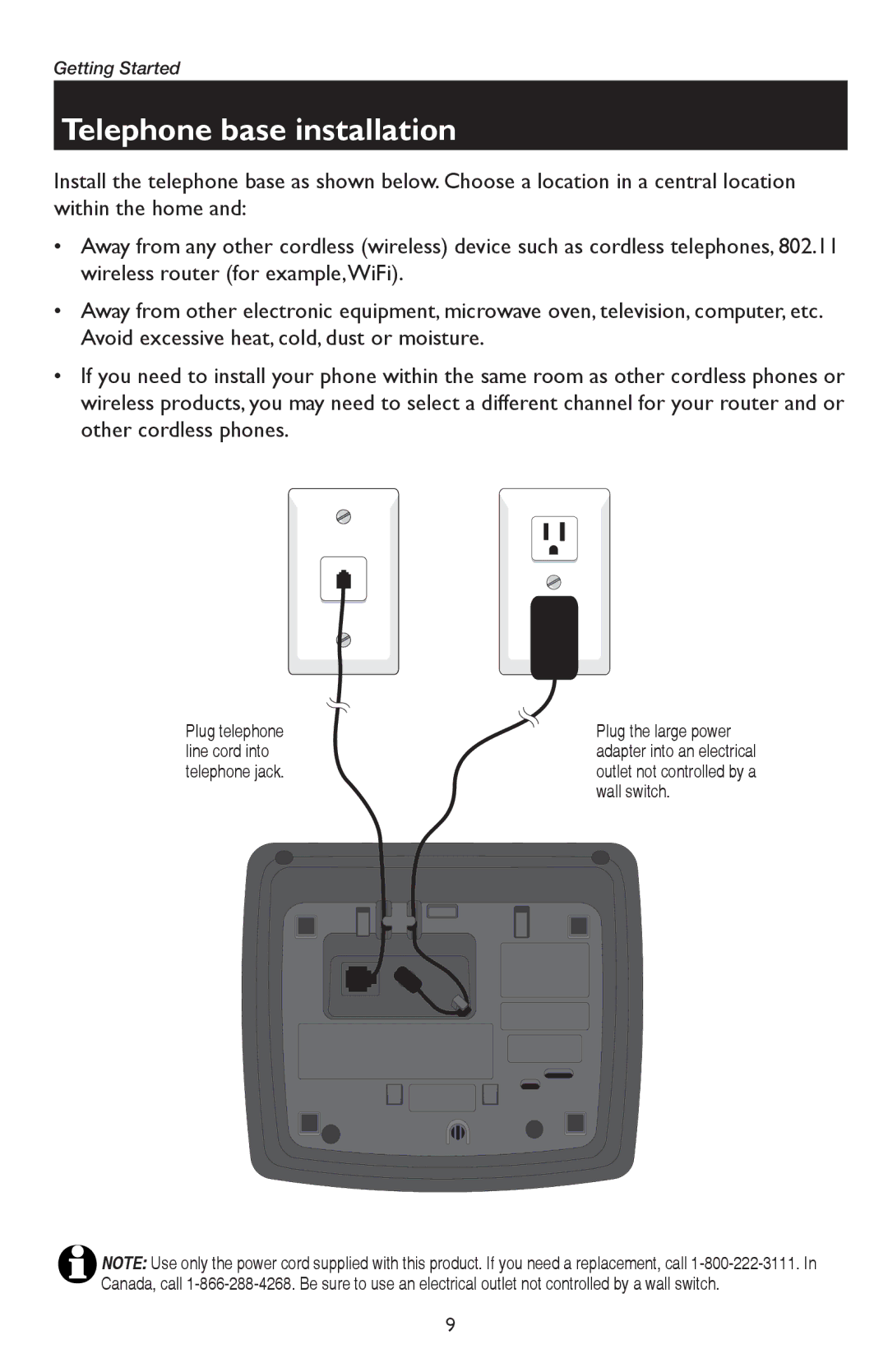 AT&T E5926, E5947B, E5937B, E5927B, E1937B user manual Telephone base installation 