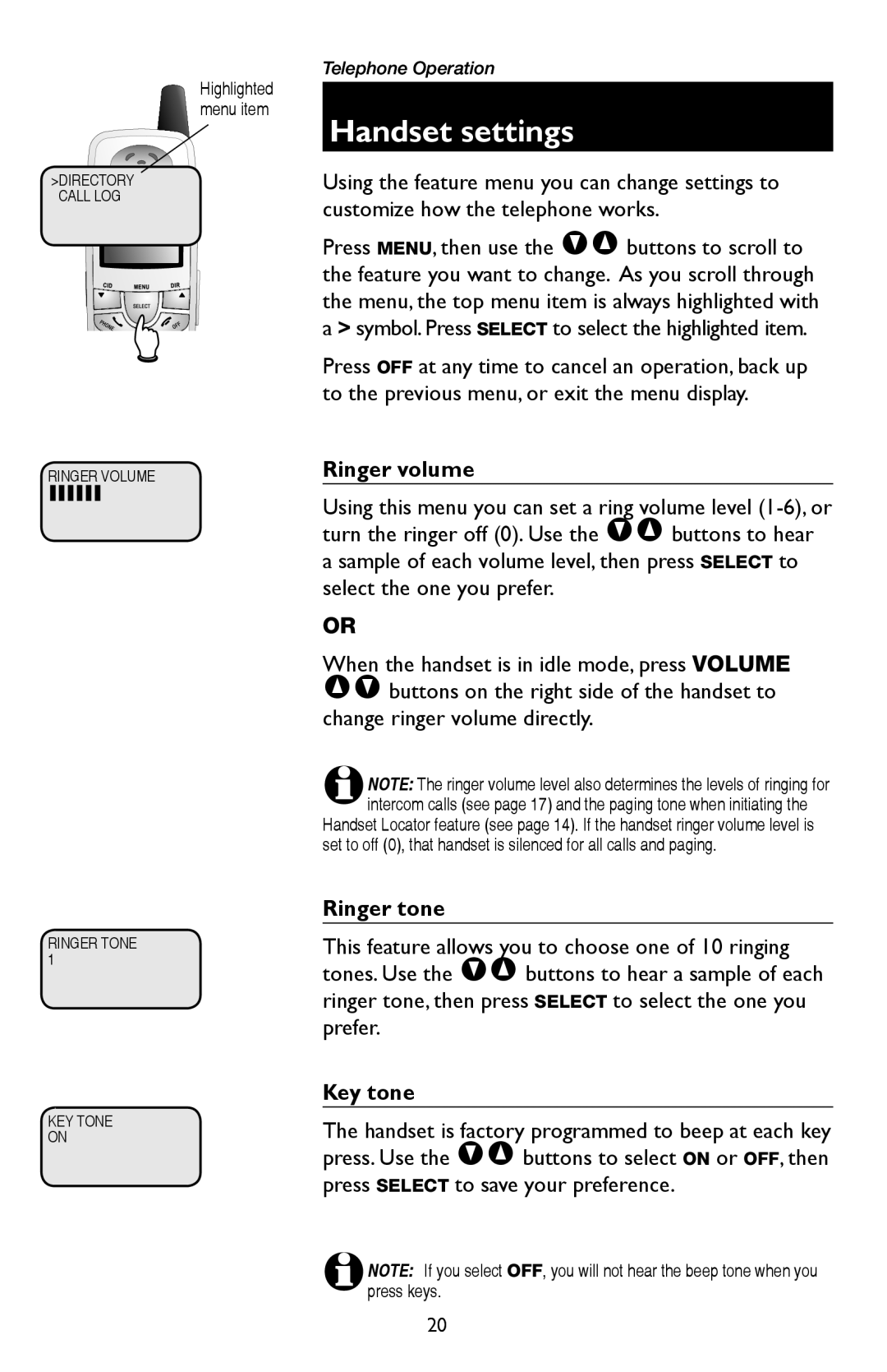 AT&T E1937B, E5947B, E5937B, E5927B, E5926 user manual Handset settings, Ringer volume, Ringer tone, Key tone 