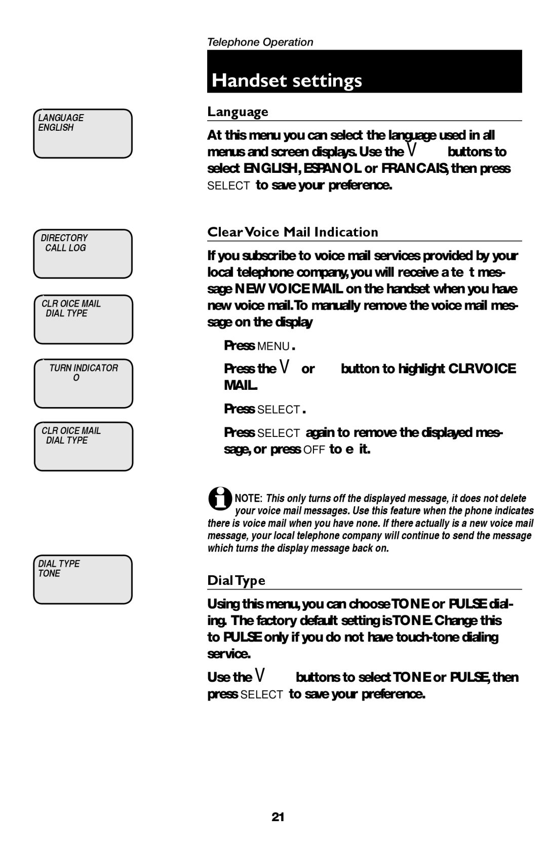 AT&T E5947B, E5937B, E5927B, E5926, E1937B user manual Language, Clear Voice Mail Indication, Dial Type 