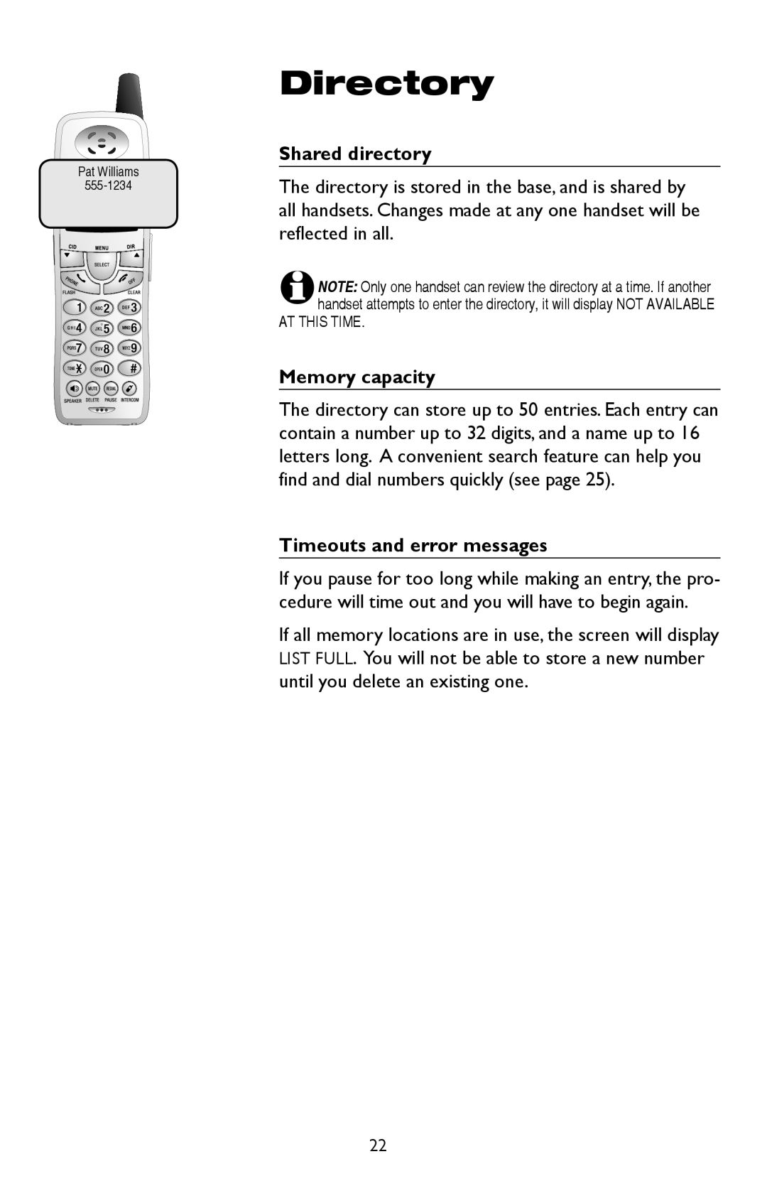 AT&T E5937B, E5947B, E5927B, E5926, E1937B user manual Shared directory, Memory capacity, Timeouts and error messages 