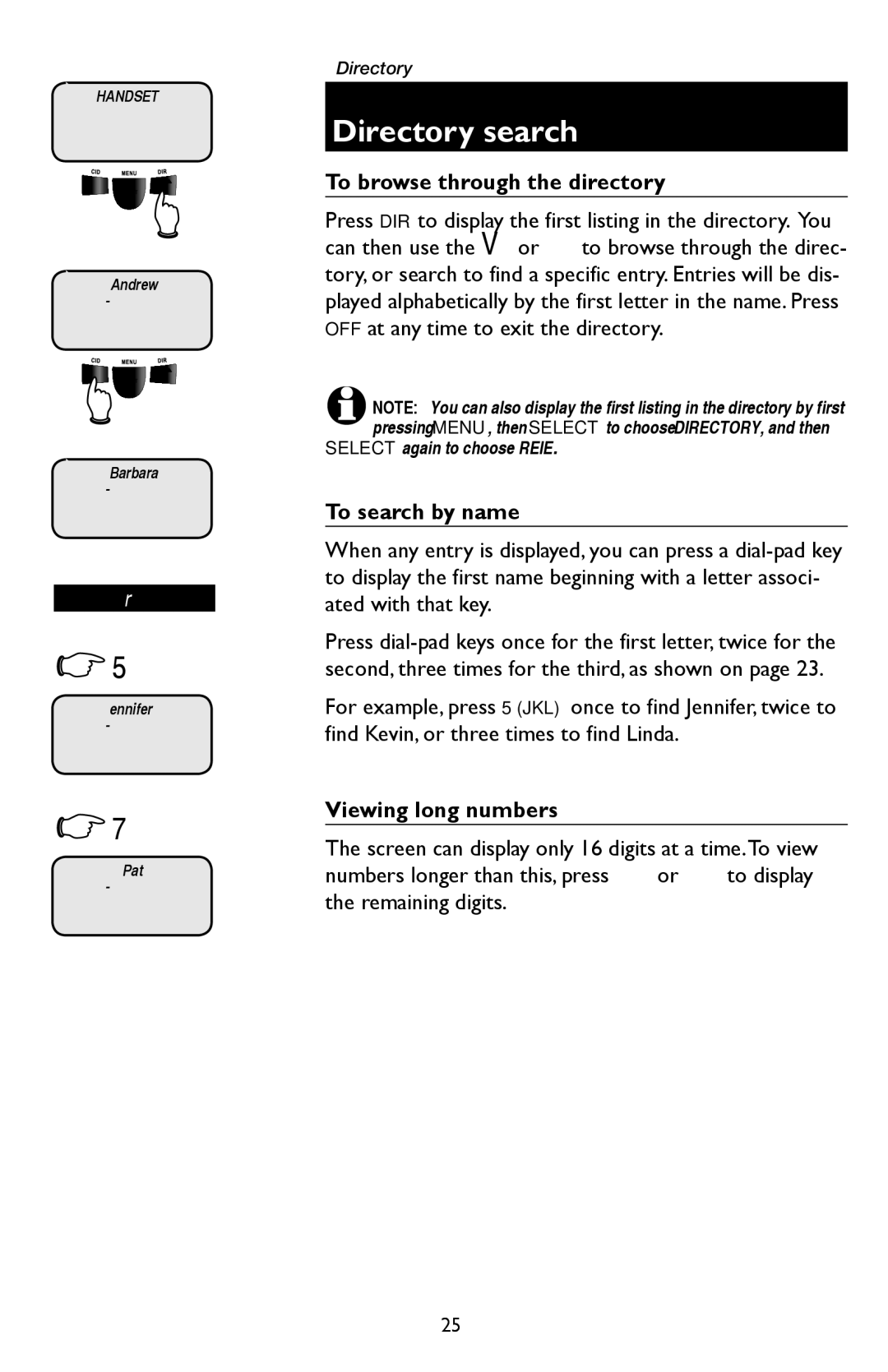 AT&T E1937B, E5947B, E5937B Directory search, To browse through the directory, To search by name, Viewing long numbers 