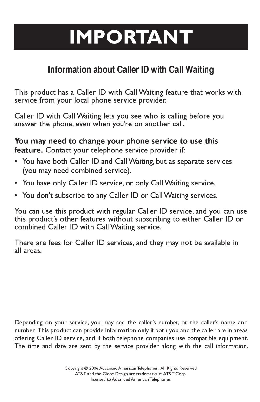 AT&T E5926, E5947B, E5937B, E5927B, E1937B user manual Information about Caller ID with Call Waiting 