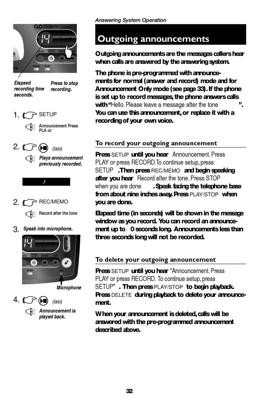 AT&T E5937B, E5947B Outgoing announcements, To record your outgoing announcement, To delete your outgoing announcement 