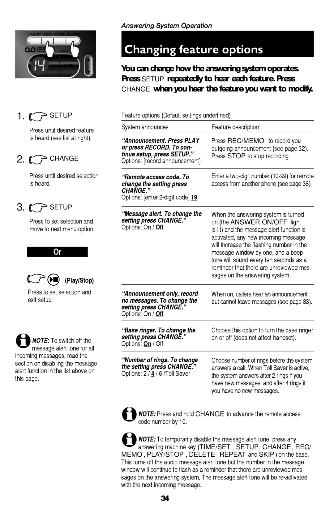 AT&T E5926, E5947B, E5937B, E5927B, E1937B user manual Changing feature options, Or press RECORD. To con 