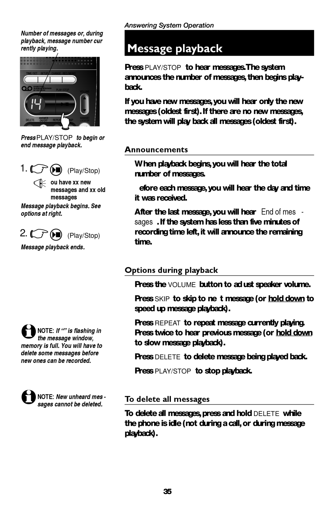 AT&T E1937B, E5947B, E5937B, E5927B, E5926 Message playback, Announcements, Options during playback, To delete all messages 