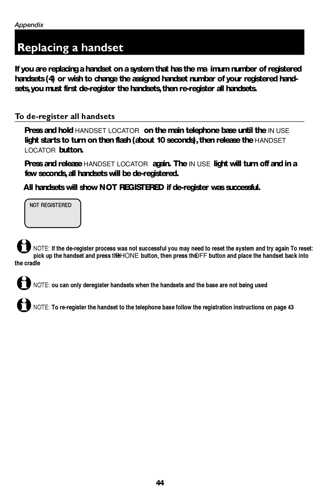 AT&T E5926, E5947B, E5937B, E5927B, E1937B user manual Replacing a handset, To de-register all handsets 