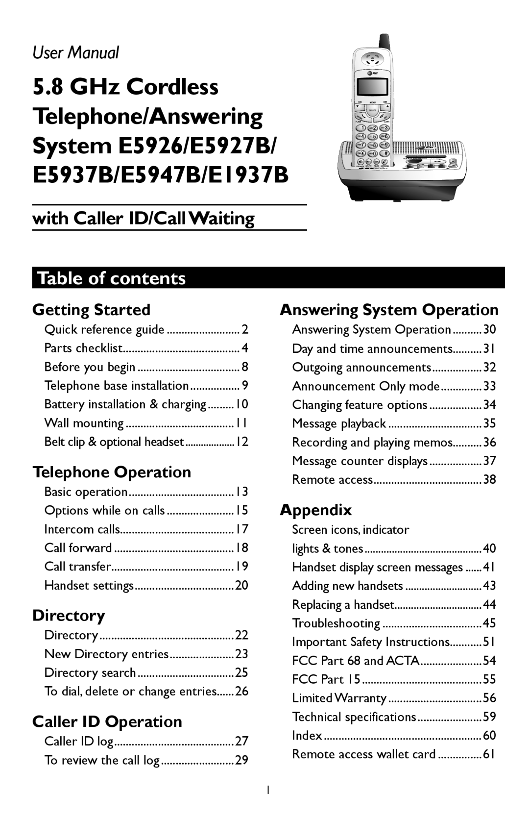 AT&T E5947B, E5937B, E5927B, E5926, E1937B user manual Table of contents 