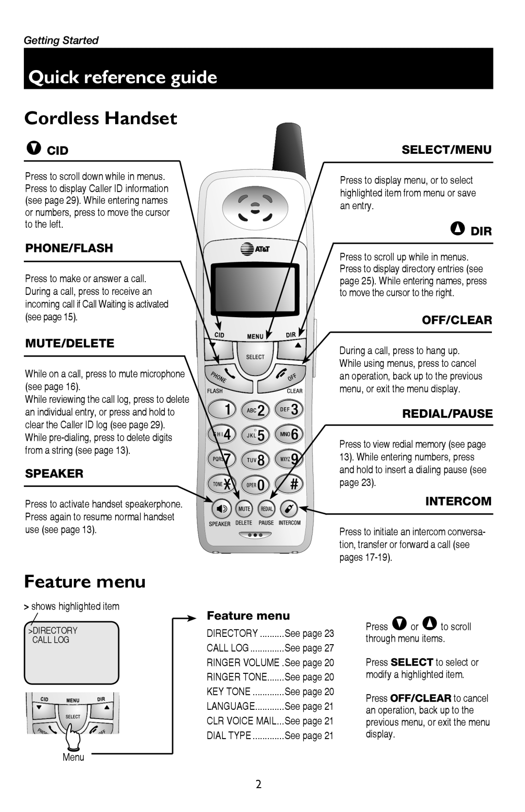 AT&T E5937B, E5947B, E5927B, E5926, E1937B user manual Quick reference guide, Cordless Handset 