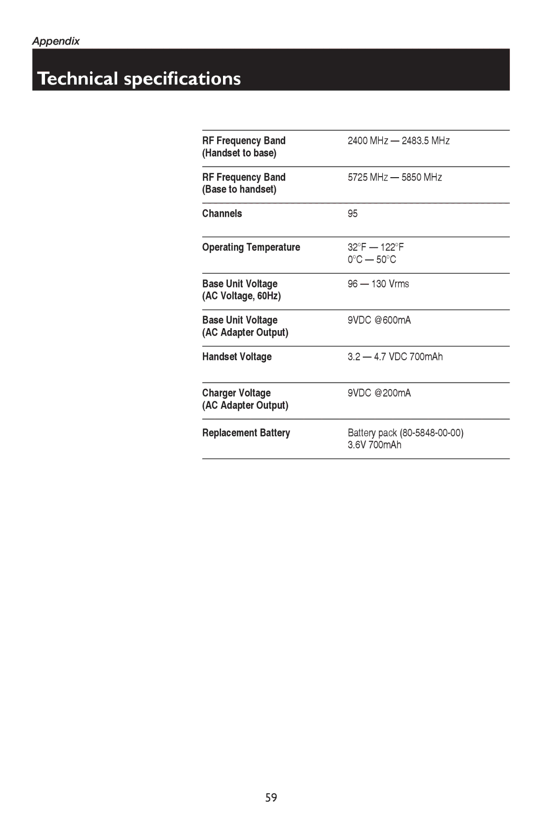 AT&T E5926, E5947B, E5937B, E5927B, E1937B user manual Technical specifications 