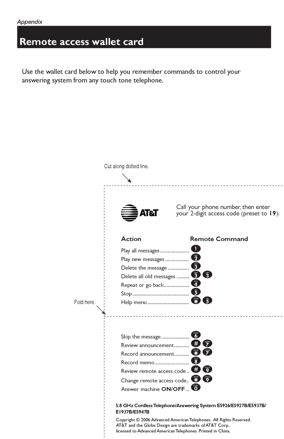 AT&T E5947B, E5937B, E5927B, E5926, E1937B user manual Remote access wallet card, Action 