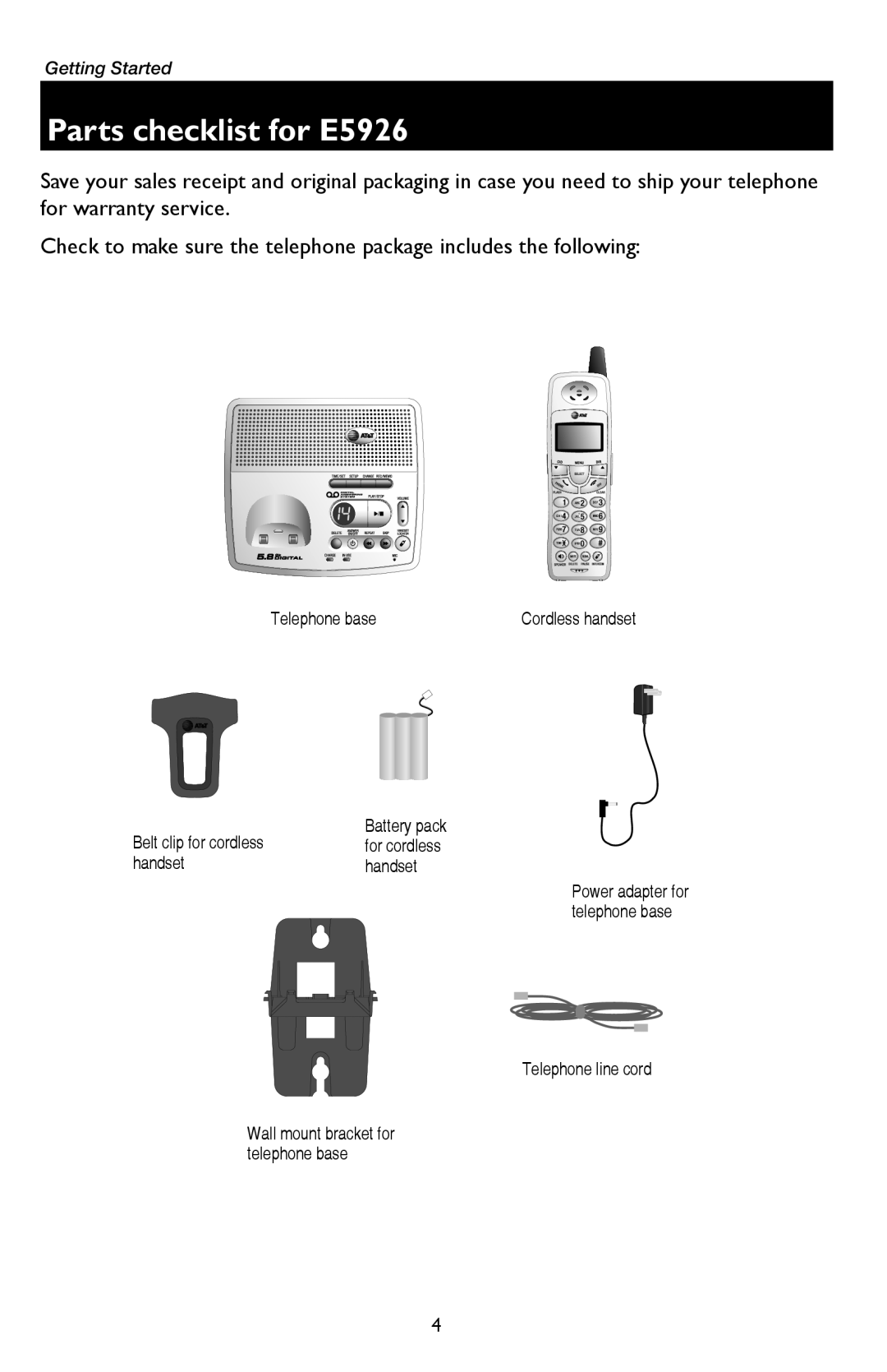 AT&T E5947B, E5937B, E5927B, E1937B user manual Parts checklist for E5926 