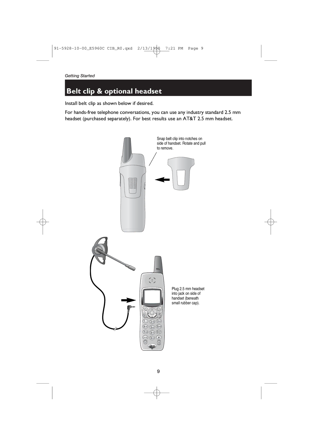 AT&T E5960 user manual Belt clip & optional headset, Install belt clip as shown below if desired 