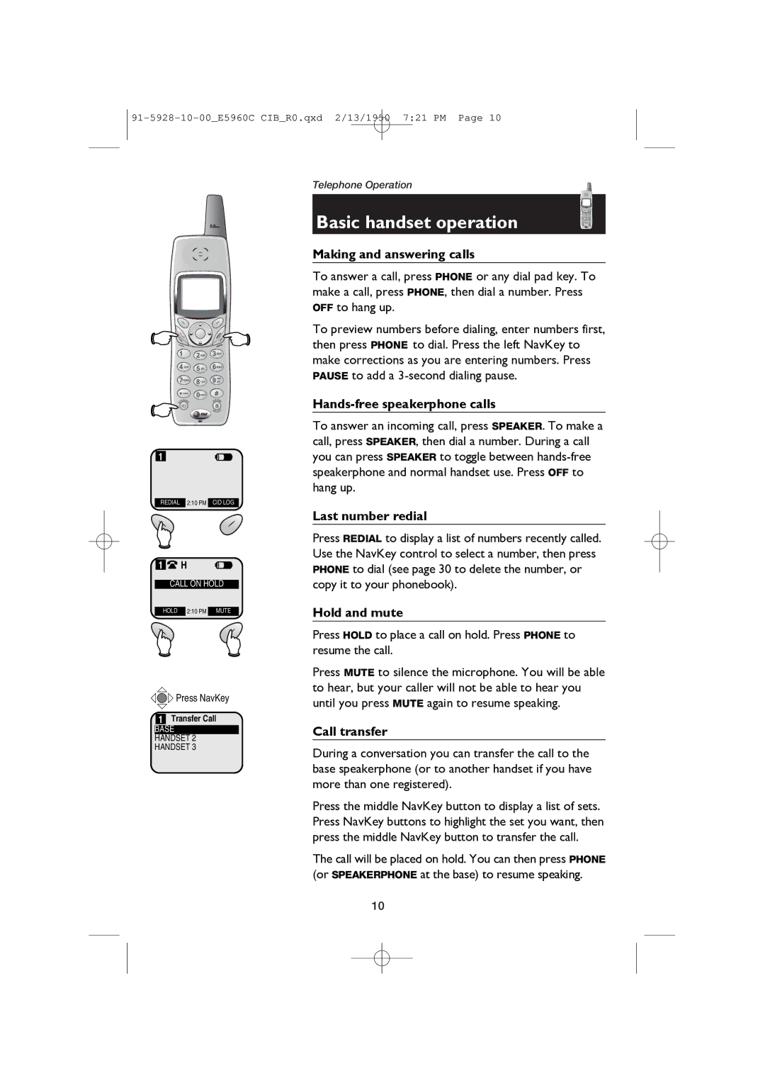 AT&T E5960 user manual Basic handset operation 