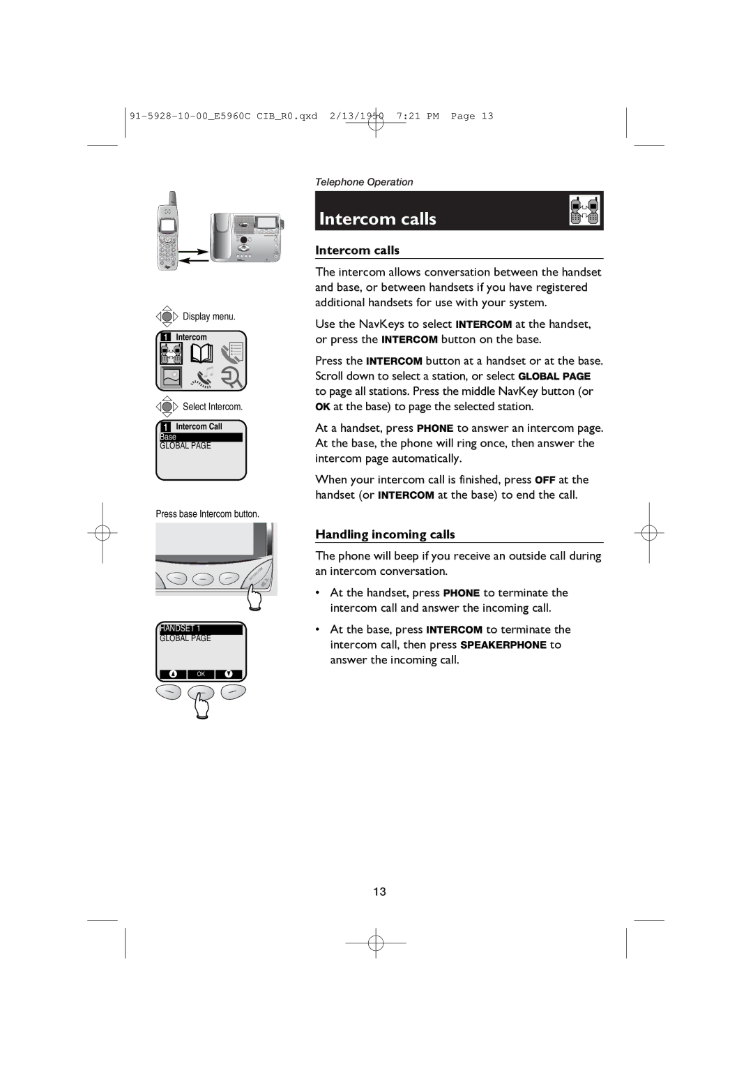 AT&T E5960 user manual Intercom calls, Handling incoming calls 