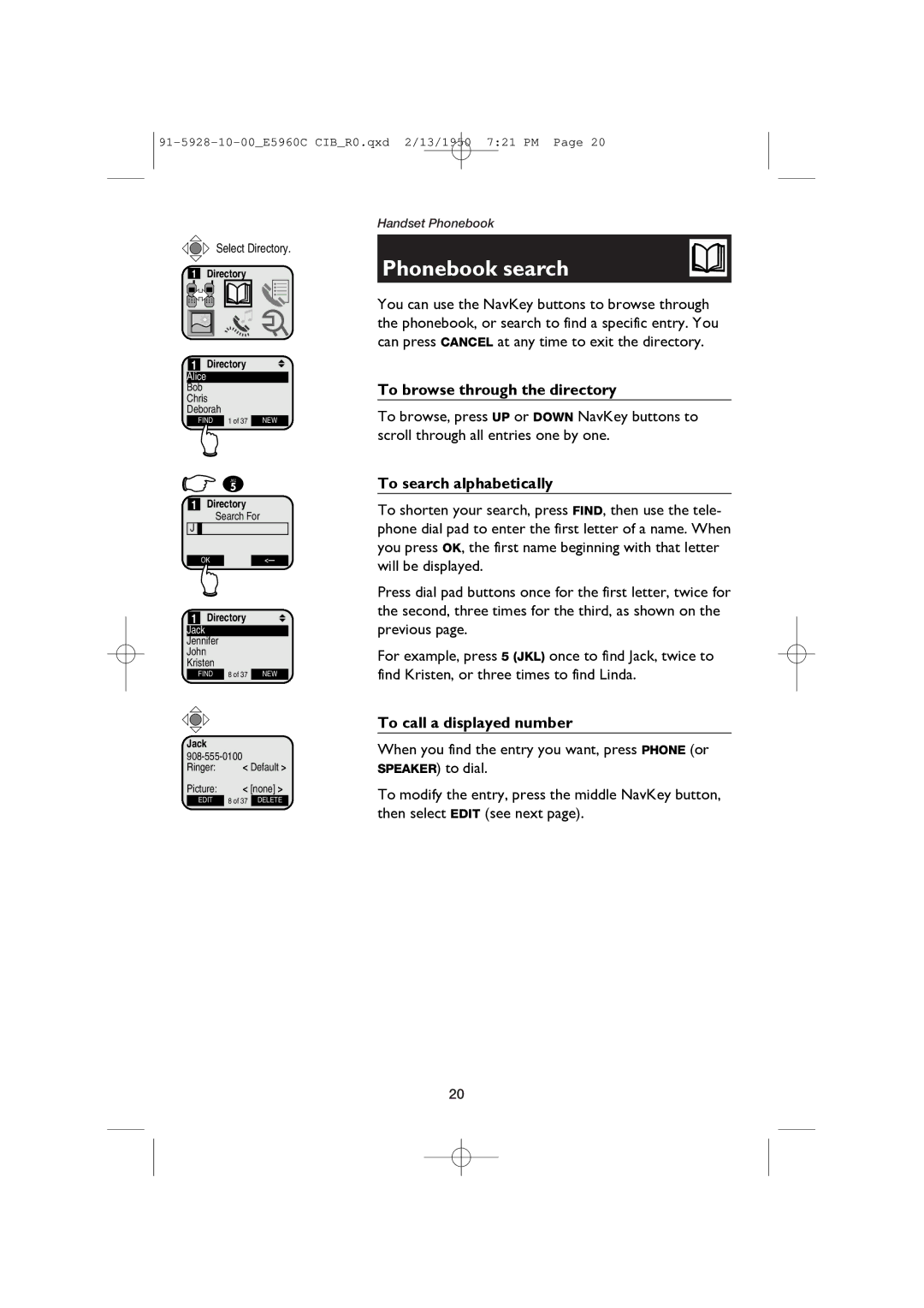 AT&T E5960 Phonebook search, To browse through the directory, To search alphabetically, To call a displayed number 