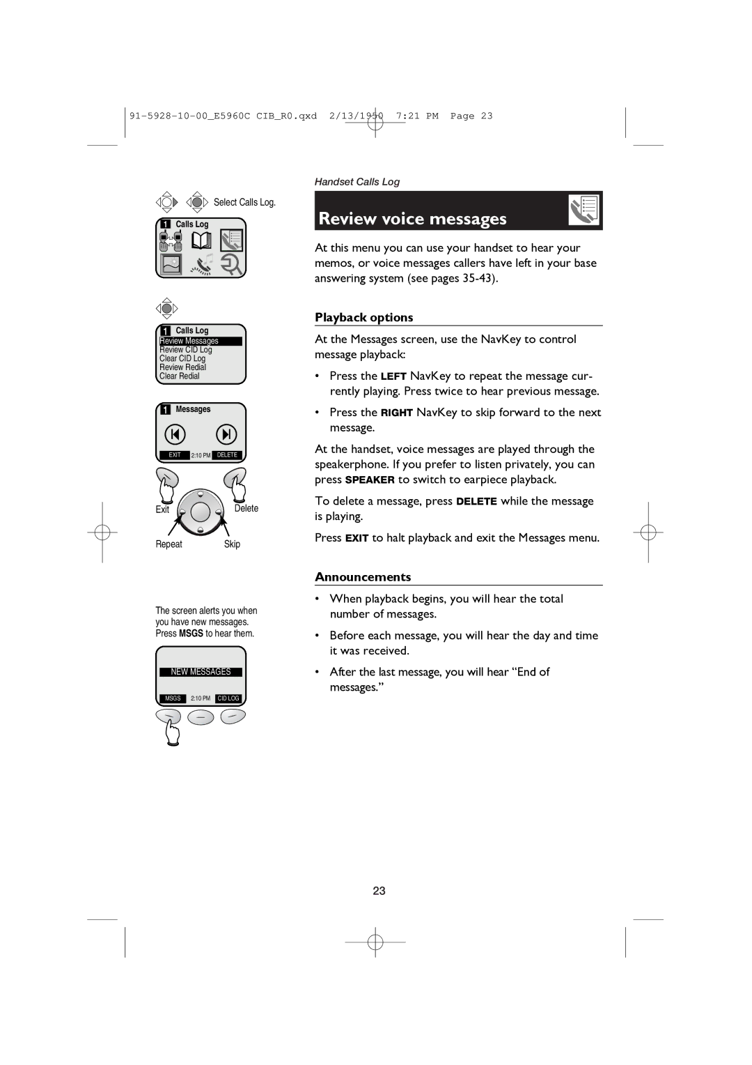 AT&T E5960 user manual Review voice messages, Playback options, Announcements 