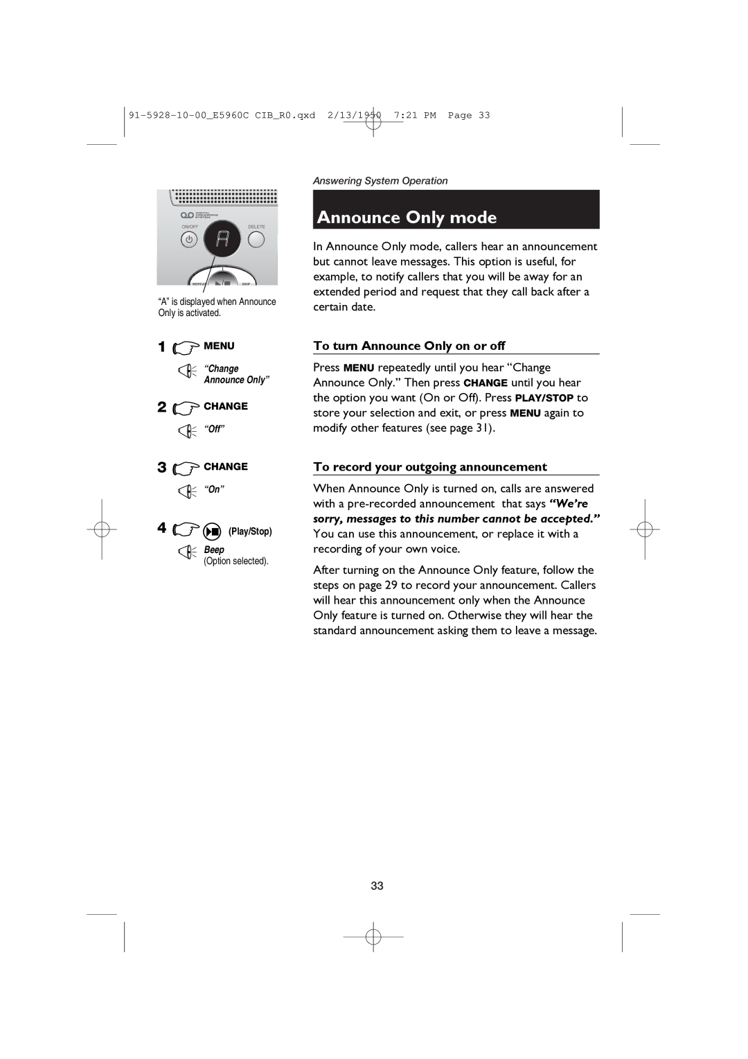 AT&T E5960 user manual Announce Only mode, To turn Announce Only on or off 