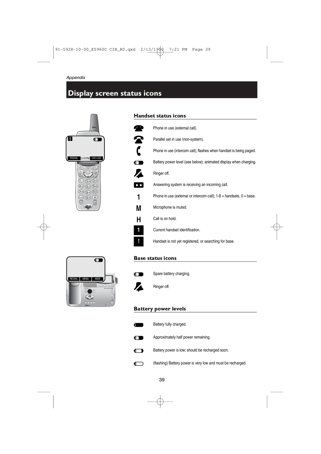 AT&T E5960 user manual Display screen status icons, Handset status icons, Base status icons, Battery power levels 