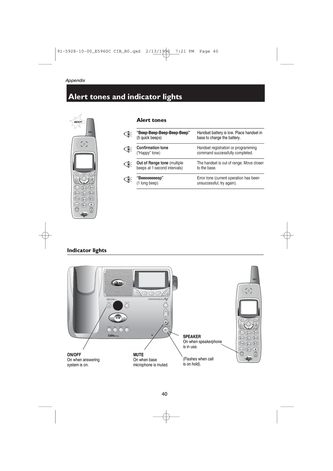 AT&T E5960 user manual Alert tones and indicator lights, Indicator lights 