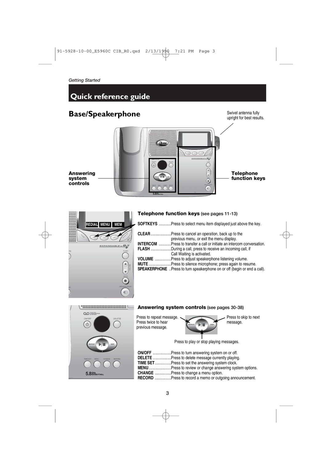 AT&T E5960 user manual Base/Speakerphone 