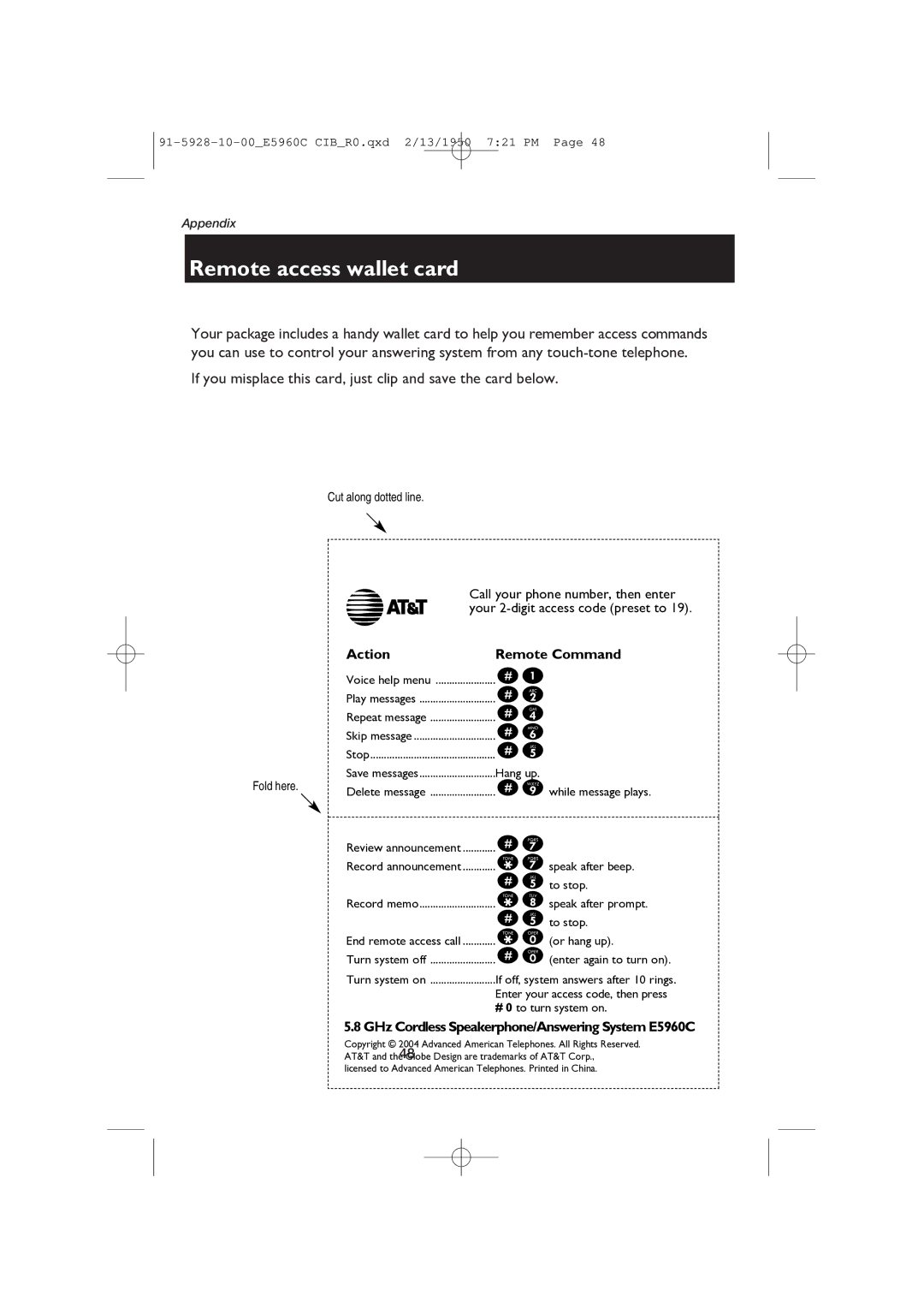 AT&T E5960 user manual Remote access wallet card, Action Remote Command 