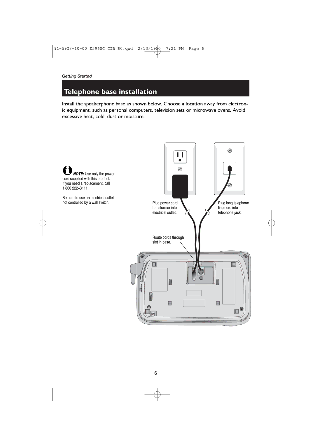 AT&T E5960 user manual Telephone base installation 