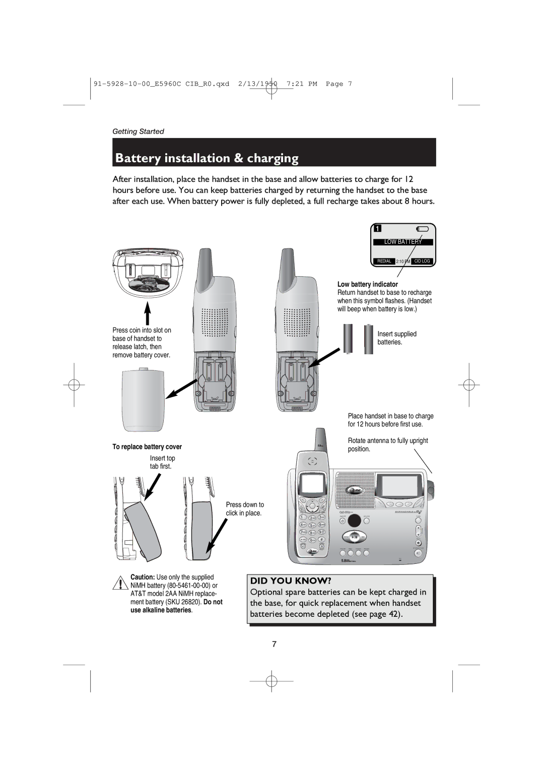 AT&T E5960 user manual Battery installation & charging, Low battery indicator 