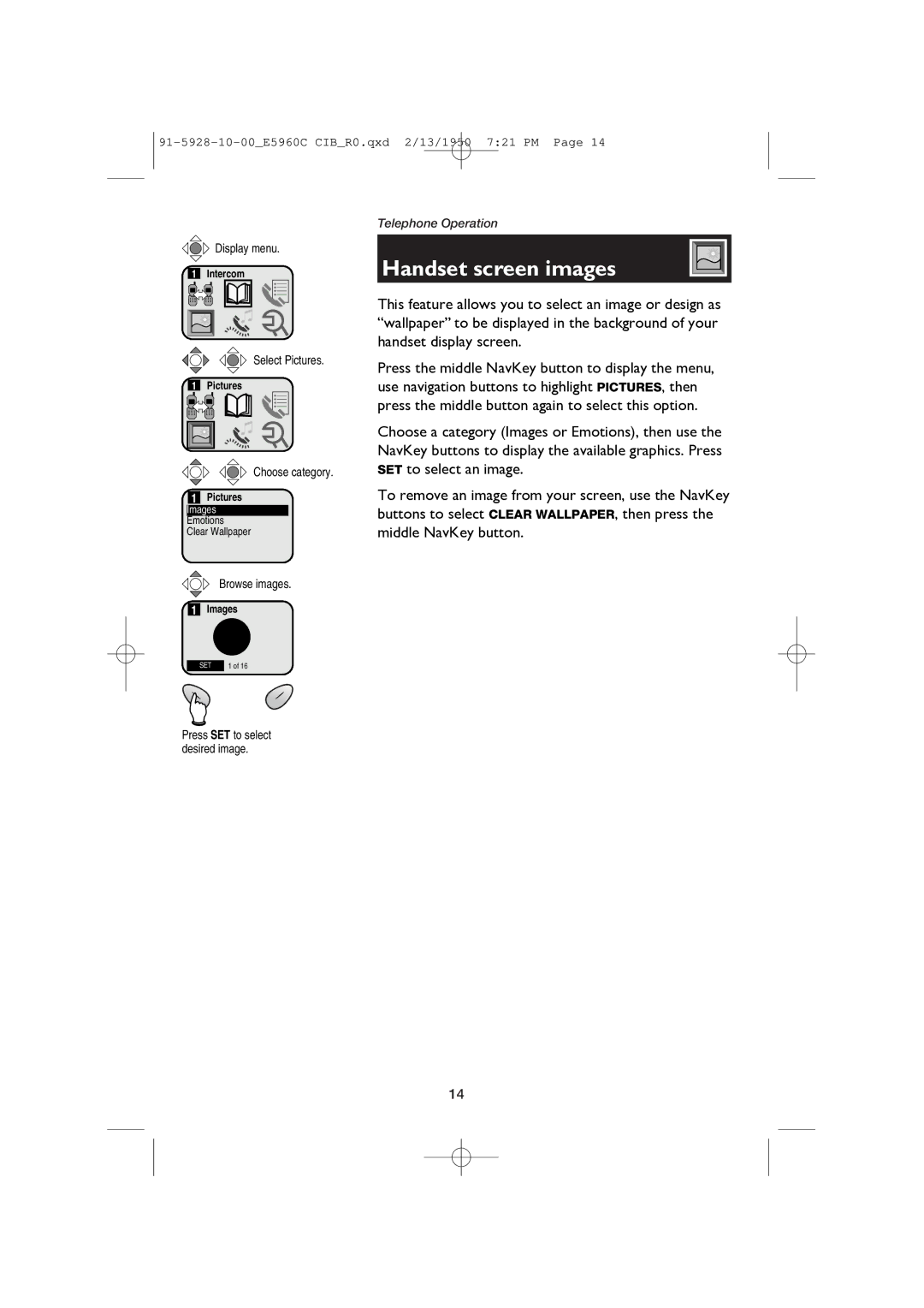 AT&T E5960C user manual Handset screen images, Select Pictures, Choose category, Browse images 