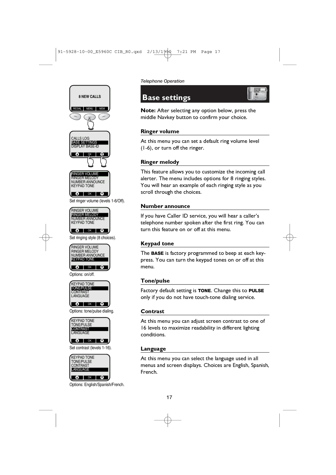 AT&T E5960C user manual Base settings, Ringer volume, Ringer melody, Number announce, Tone/pulse 