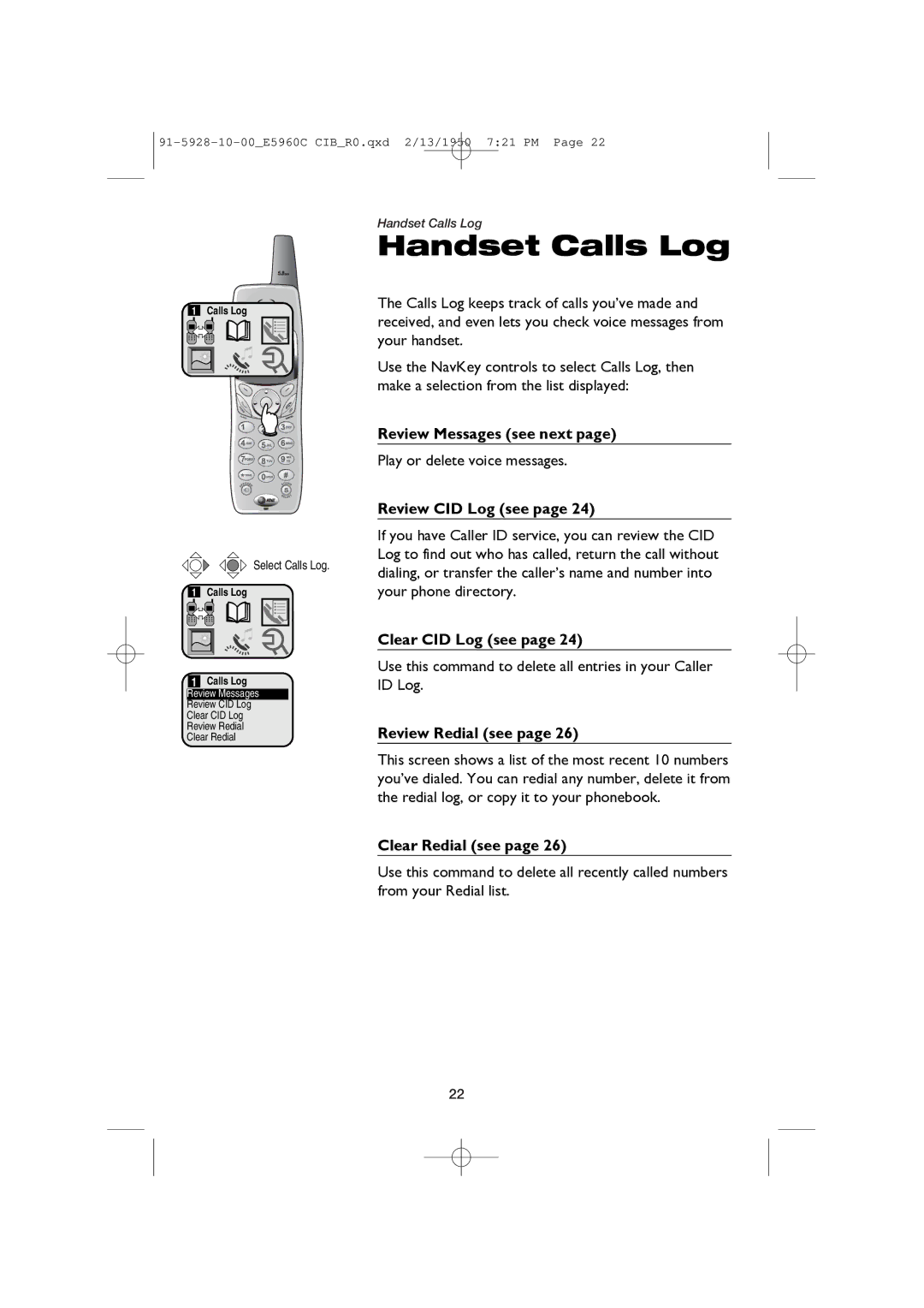 AT&T E5960C Review Messages see next, Review CID Log see, Clear CID Log see, Review Redial see, Clear Redial see 