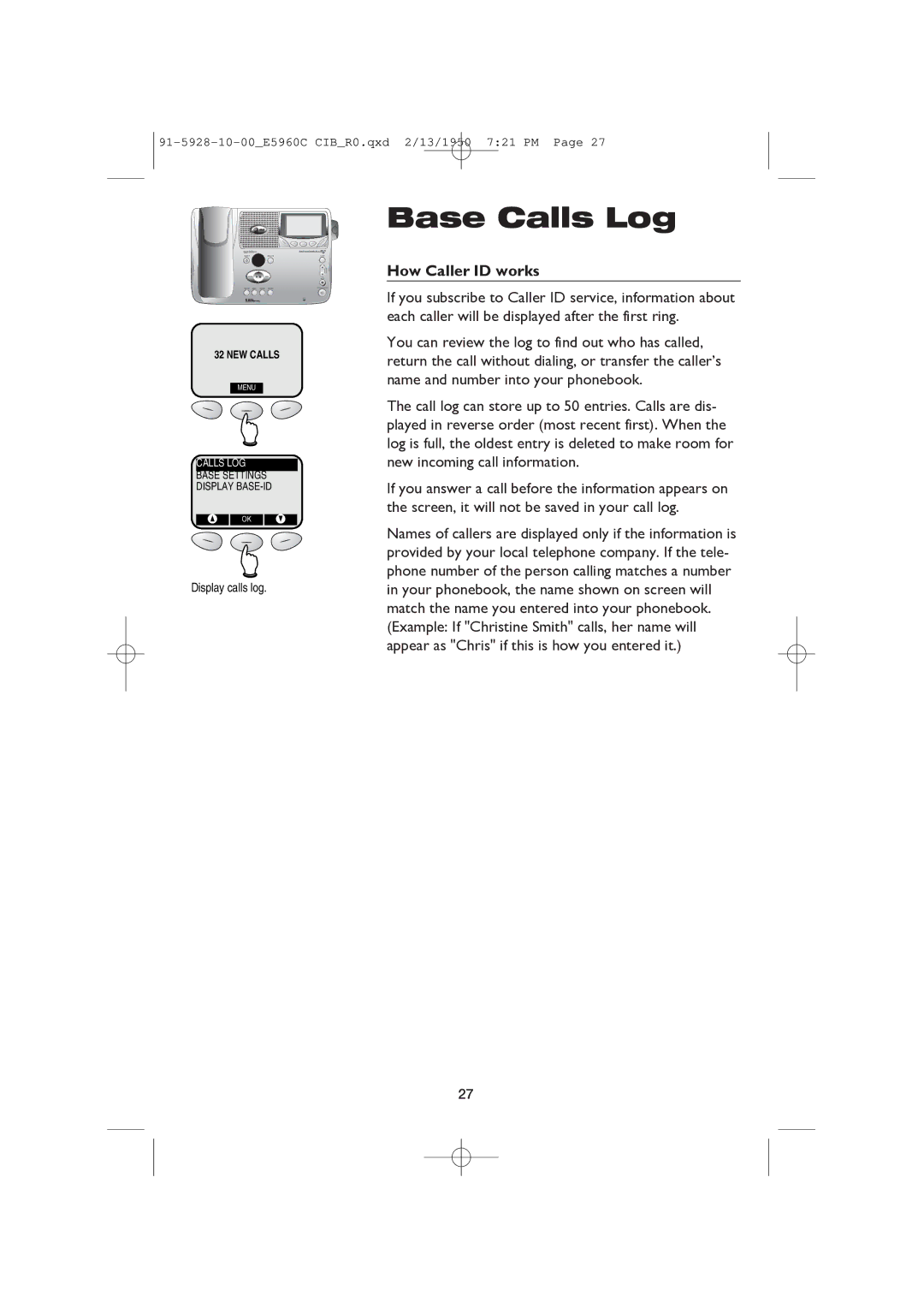 AT&T E5960C user manual Base Calls Log, Display calls log 