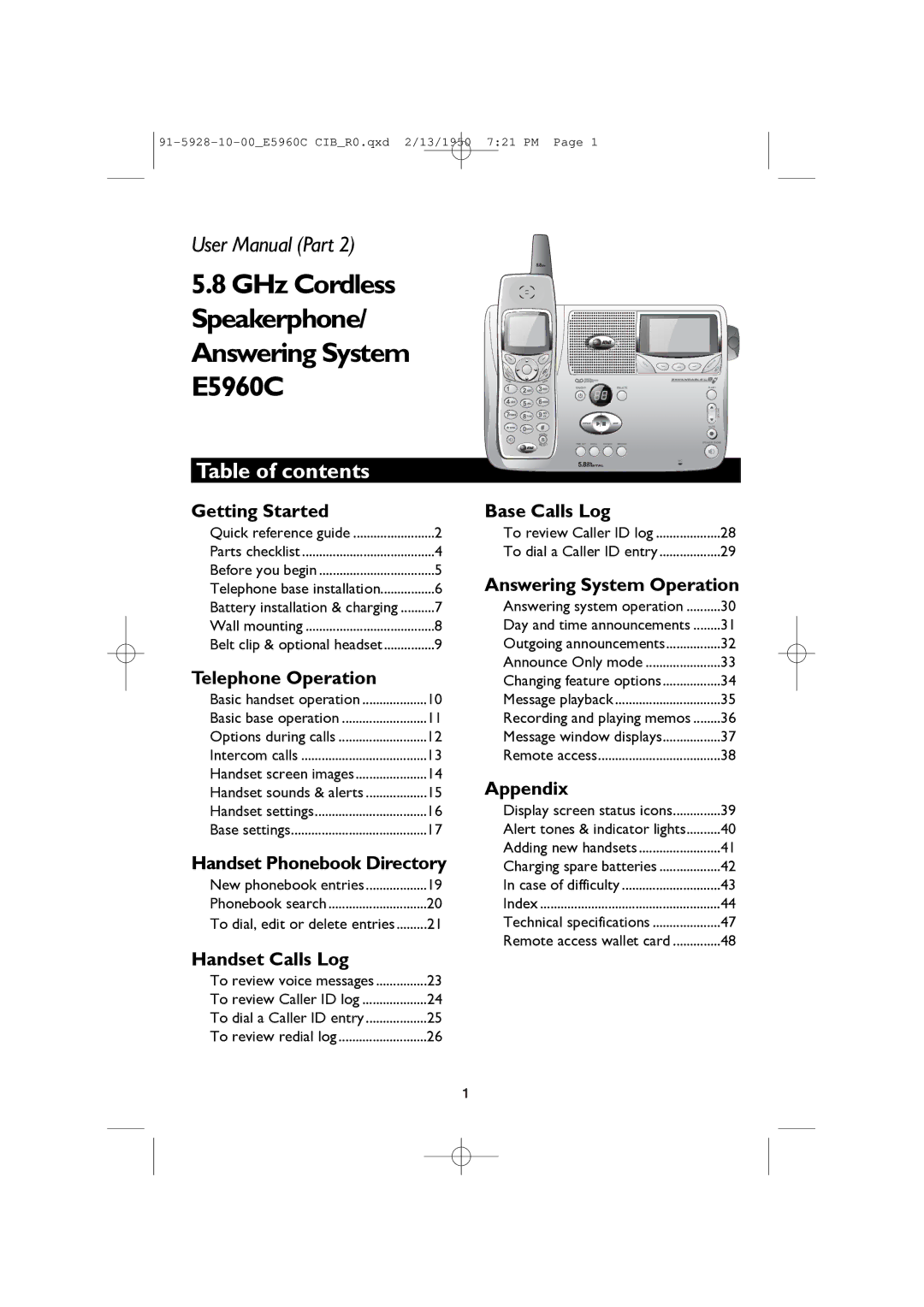 AT&T user manual GHz Cordless Speakerphone/ Answering System E5960C, Table of contents 