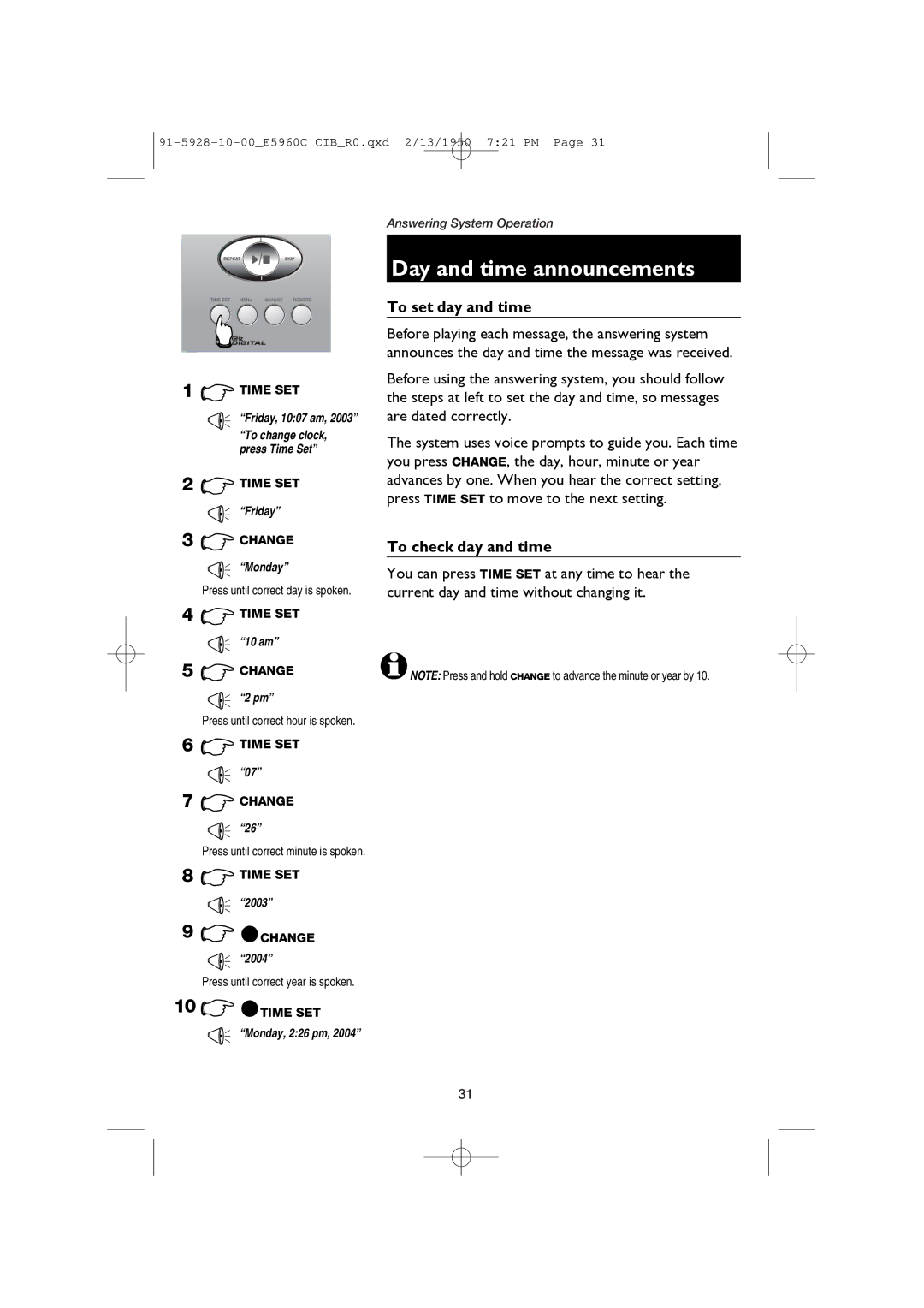 AT&T E5960C Day and time announcements, To set day and time, To check day and time, Press until correct minute is spoken 