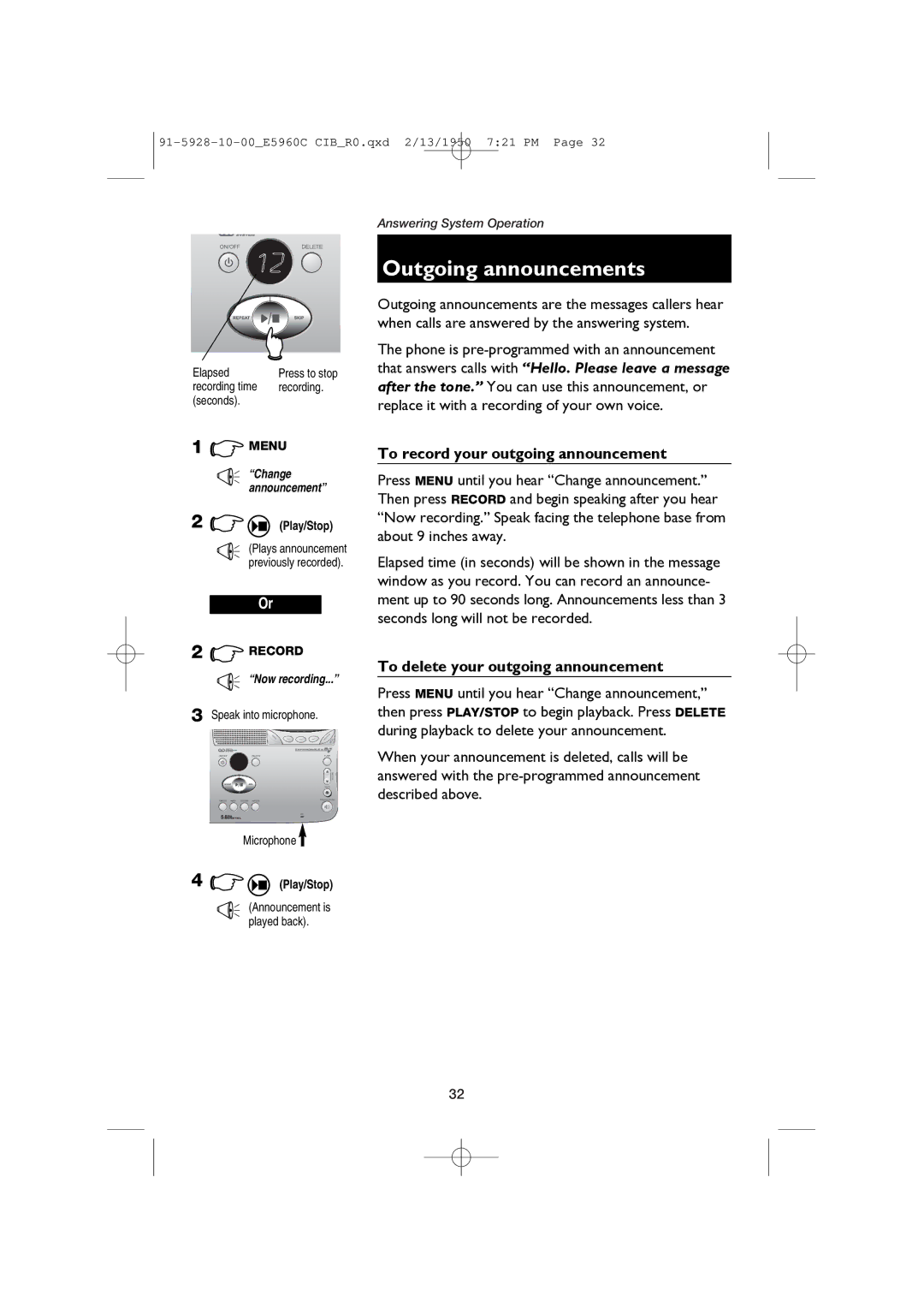 AT&T E5960C user manual Outgoing announcements, To record your outgoing announcement, To delete your outgoing announcement 