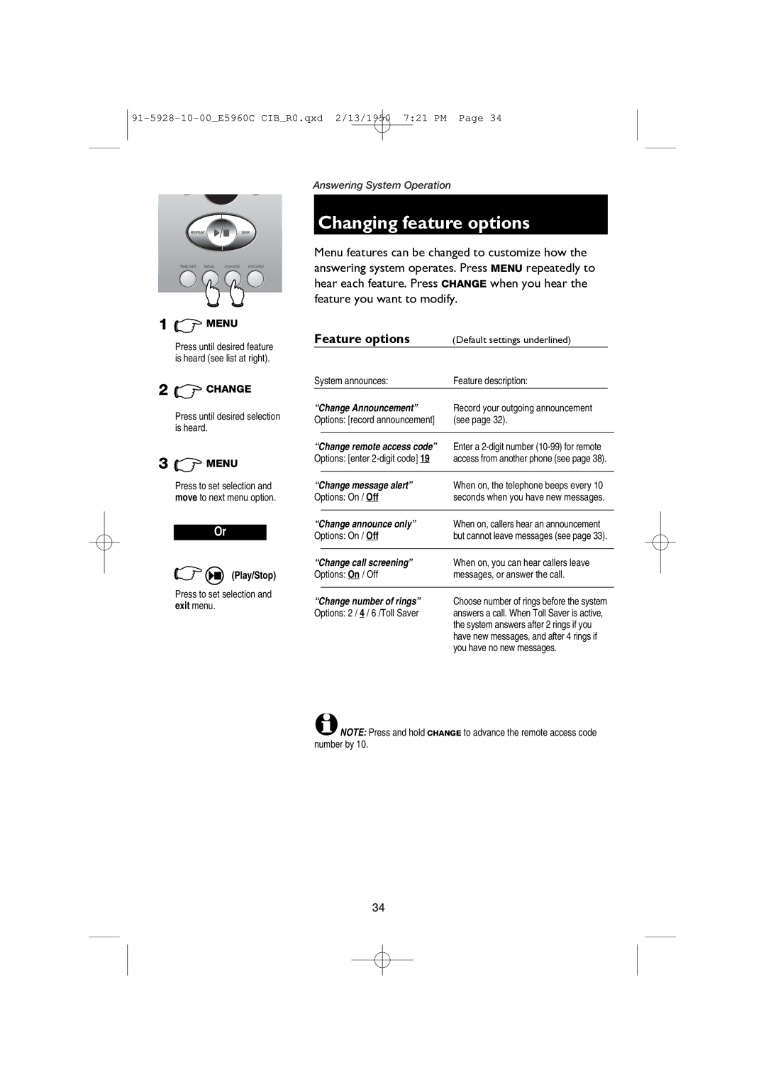 AT&T E5960C user manual Changing feature options, Feature options 