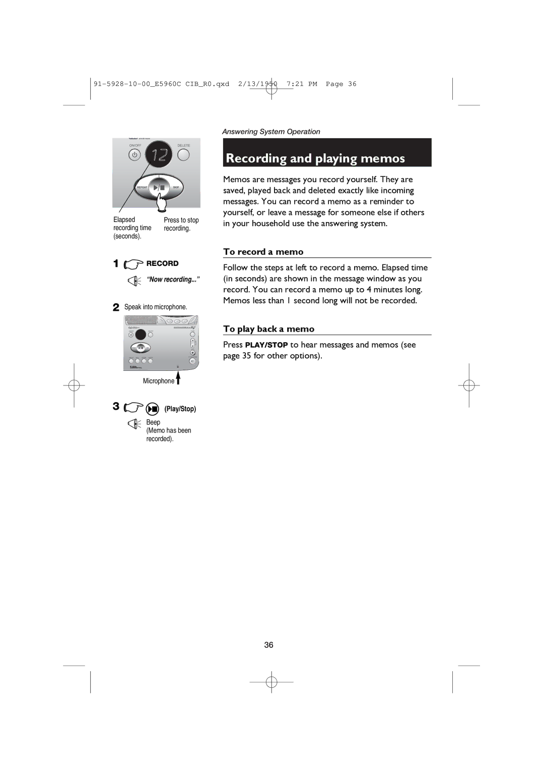 AT&T E5960C user manual Recording and playing memos, To record a memo, To play back a memo, Beep 