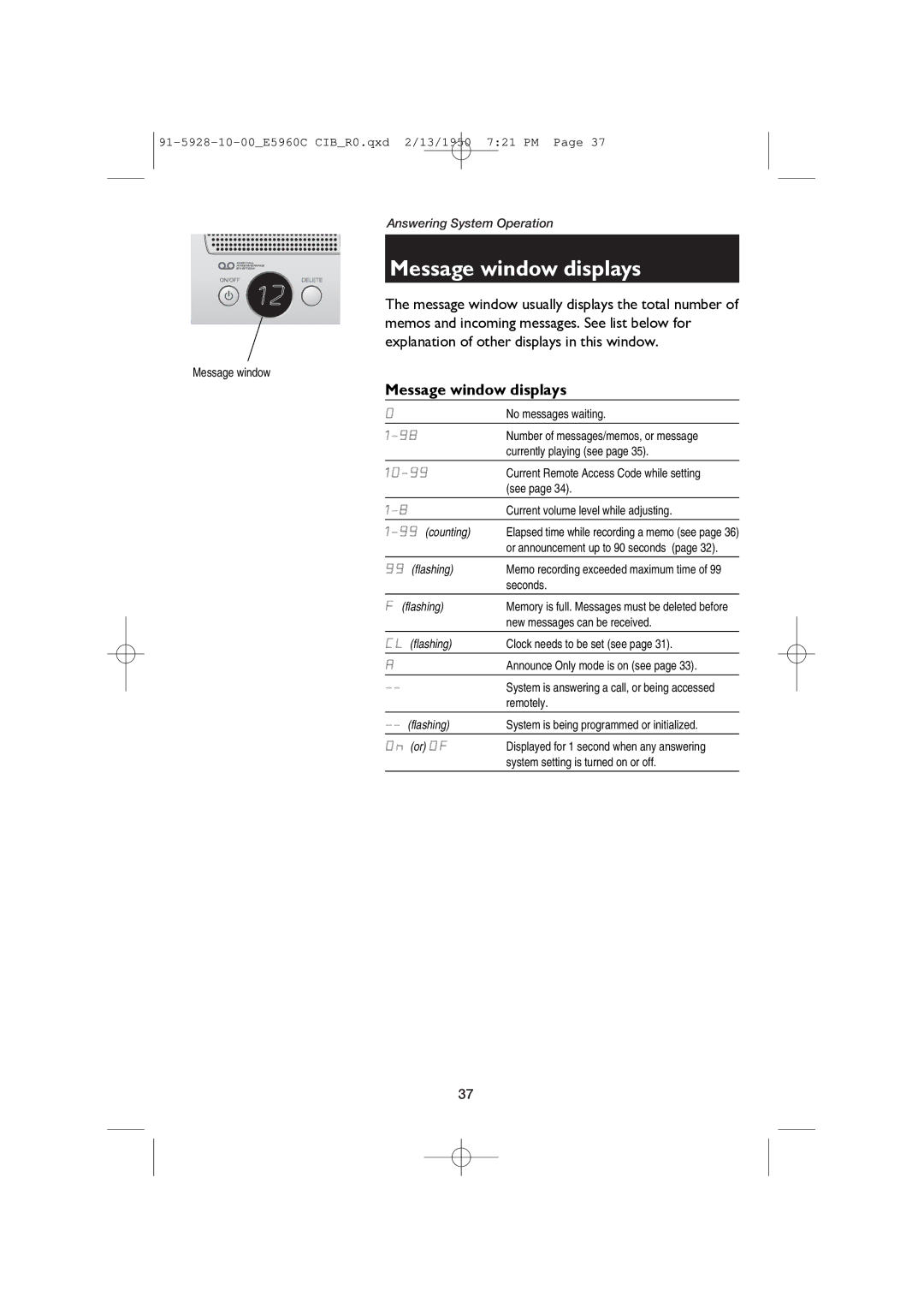 AT&T E5960C user manual Message window displays 