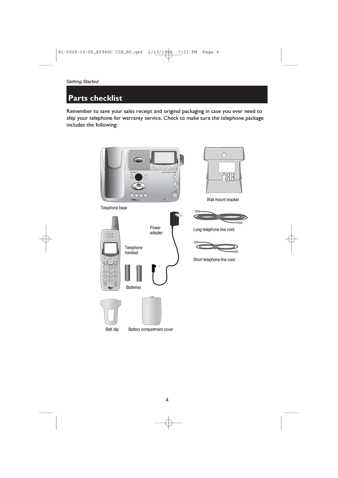 AT&T E5960C user manual Parts checklist, Wall mount bracket Telephone base Power, Adapter 