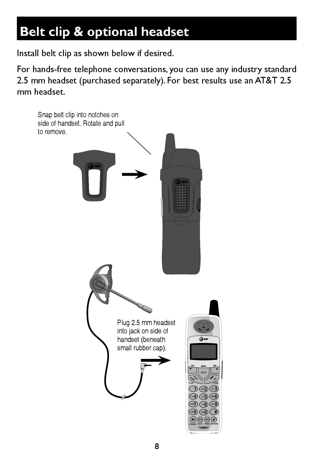 AT&T E597-1 user manual Belt clip & optional headset 