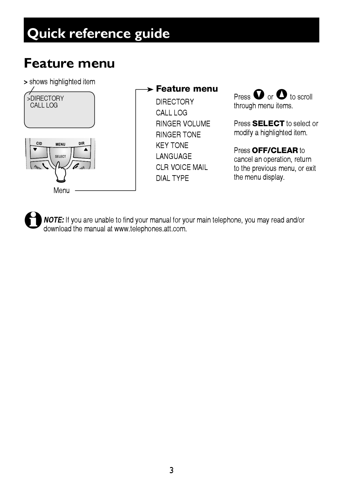 AT&T E597-1 user manual Feature menu 