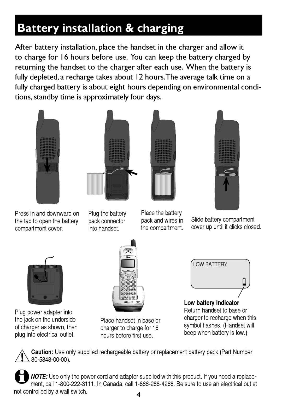 AT&T E597-1 user manual Battery installation & charging, Place the battery 