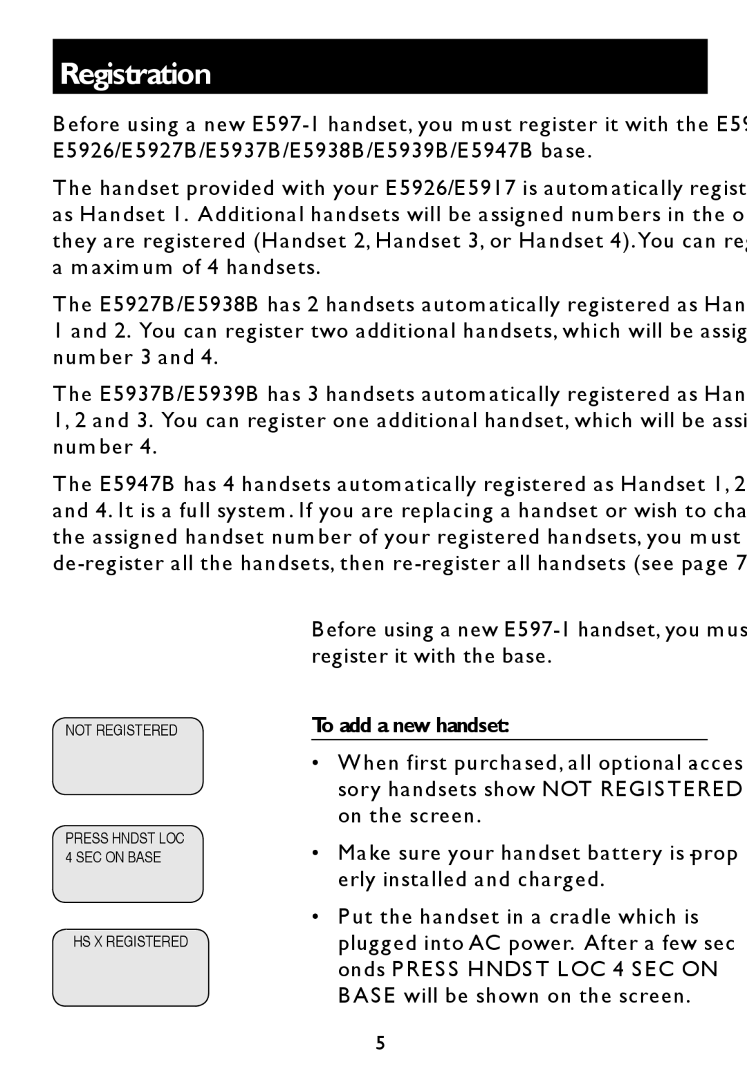 AT&T E597-1 user manual Registration, To add a new handset 