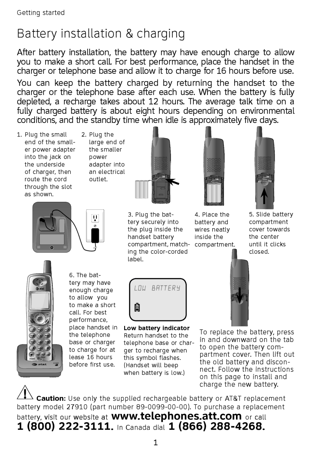 AT&T E598-1 quick start Battery installation & charging, Low battery indicator 