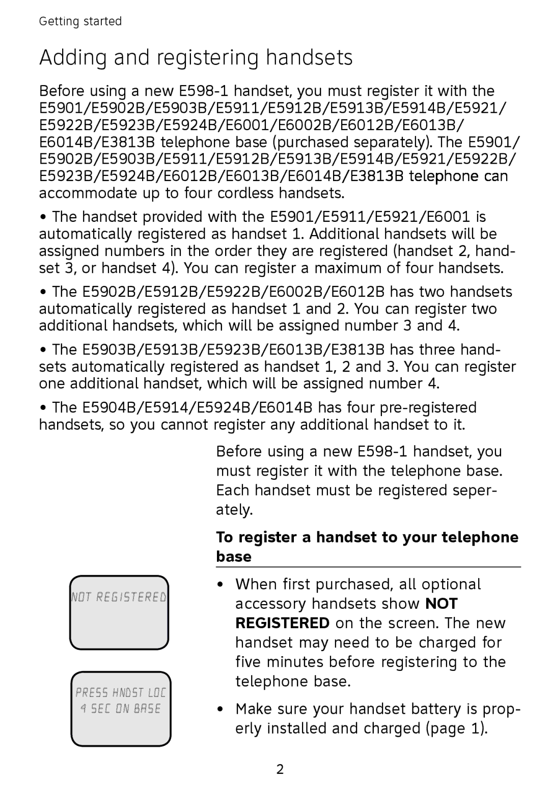 AT&T E598-1 quick start Adding and registering handsets, To register a handset to your telephone base 